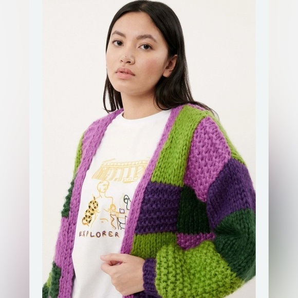RARE Anthropologie FRNCH MAELIA - purple green knit Chunky Paris Cardigan S/M - Picture 2 of 14